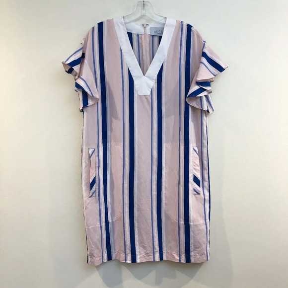 PEARL by Lela Rose Striped Ruffle Sleeve Pink Blue Designer Sheath Mini Dress S - Picture 2 of 10